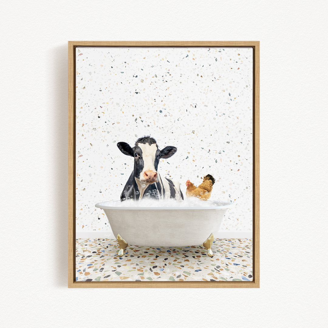 A black and white cow is sitting in a white bathtub, surrounded by a chicken and a dog, creating a whimsical and playful scene.