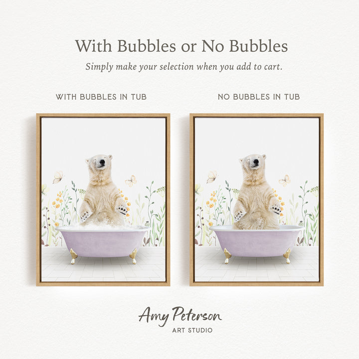 The image is a framed print featuring a polar bear sitting in a bathtub, with the text "With Bubbles or No Bubbles" above the images.