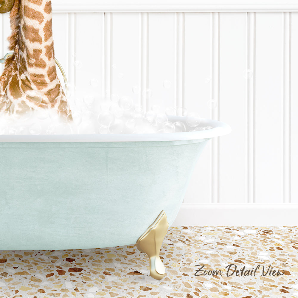A giraffe standing in a bathtub filled with bubbles, with a text overlay that reads "Zoom Detail View".