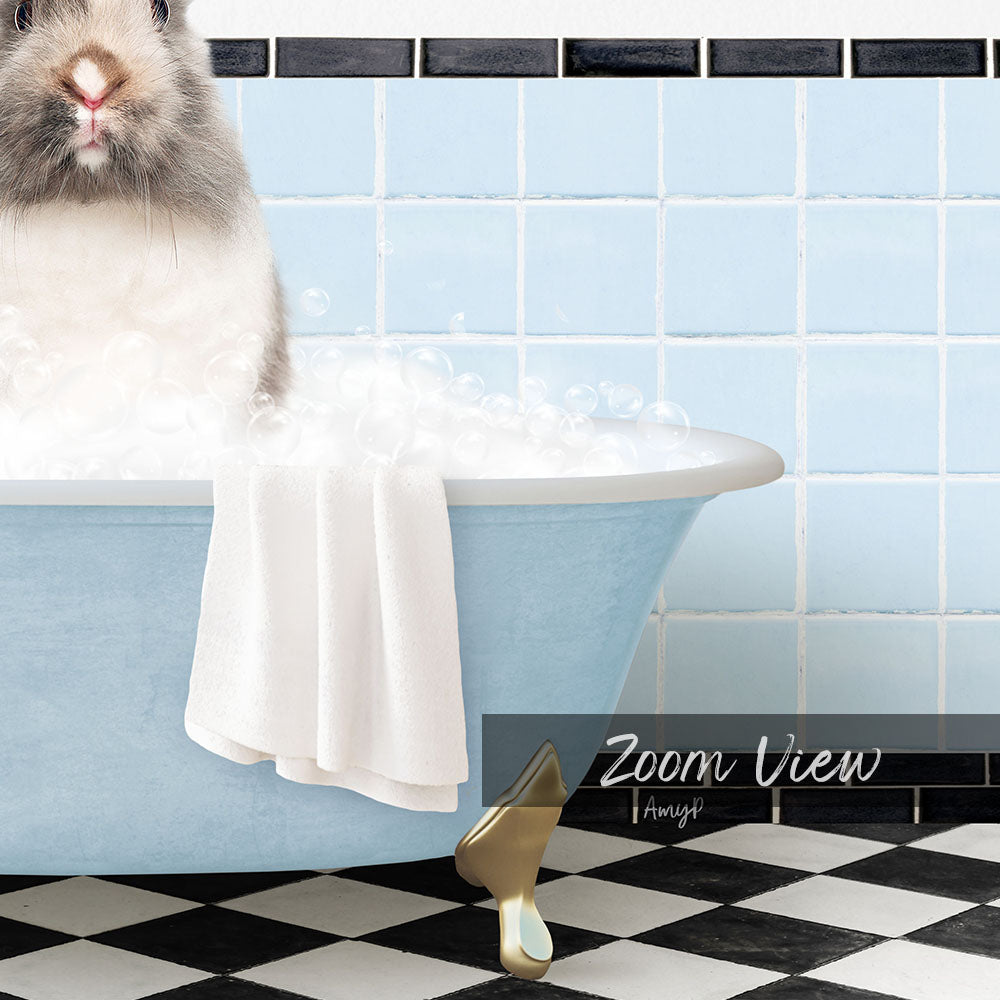A fluffy white rabbit sitting in a blue bathtub filled with bubbles, with a black and white checkered floor in the foreground.