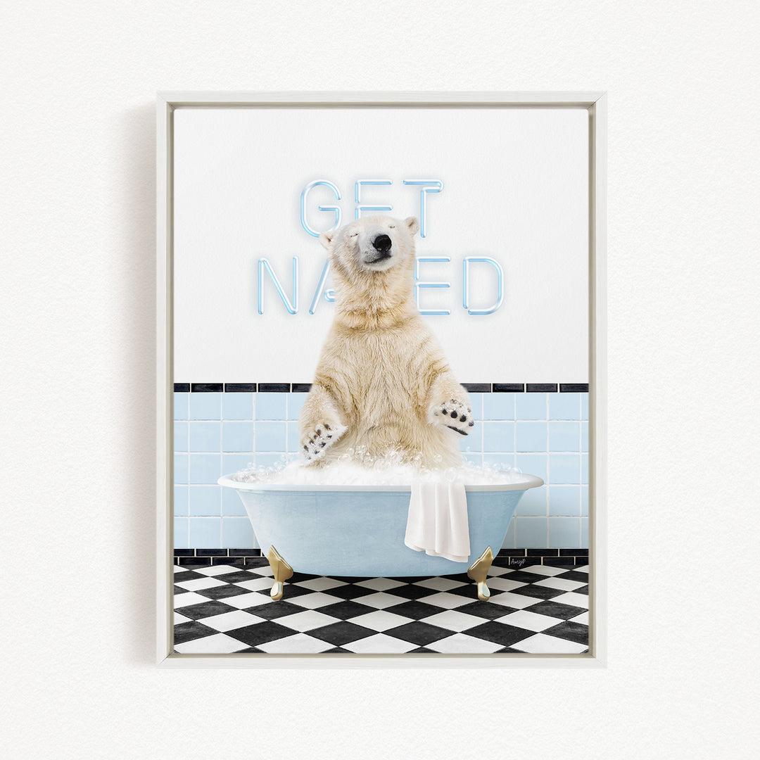 A polar bear sitting in a bathtub with a towel draped over its back, surrounded by a checkered floor and a blue wall with the text "GET NAKED" written on it.
