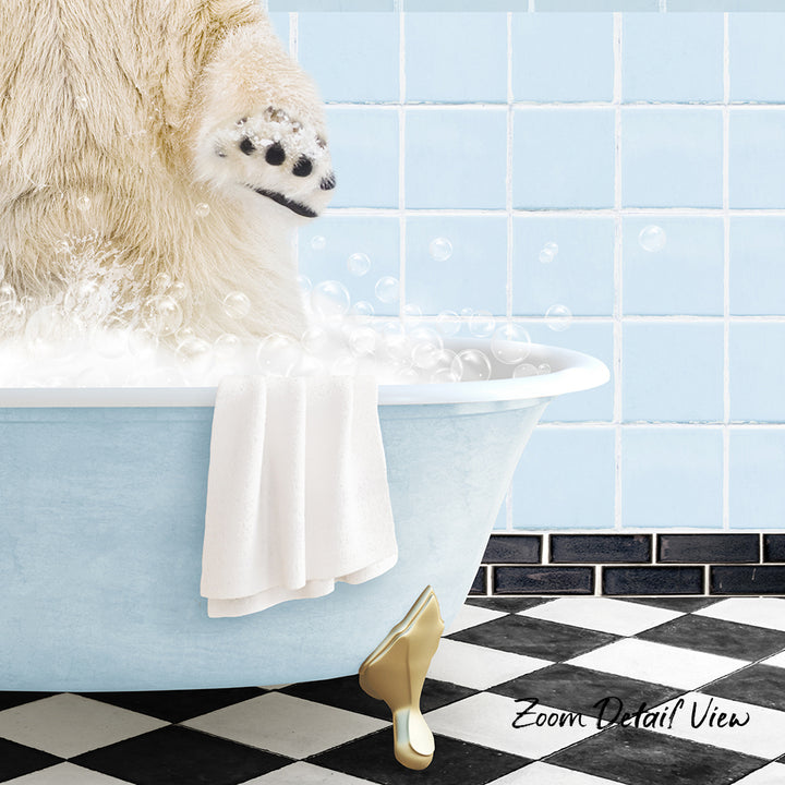 A polar bear is standing in a bathtub filled with bubbles, with a towel and a gold shoe nearby.