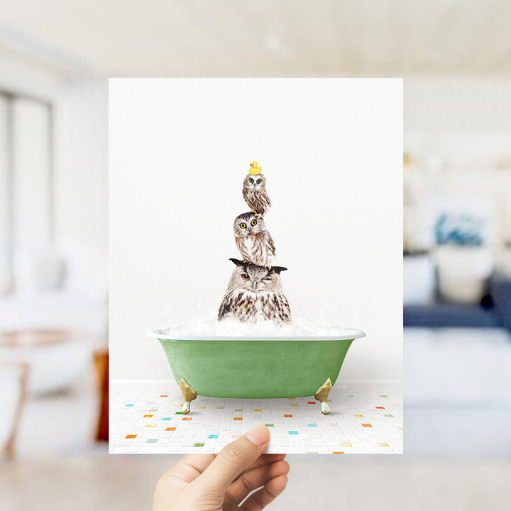 A hand holds up a framed image depicting three owls sitting in a green bathtub filled with bubbles.