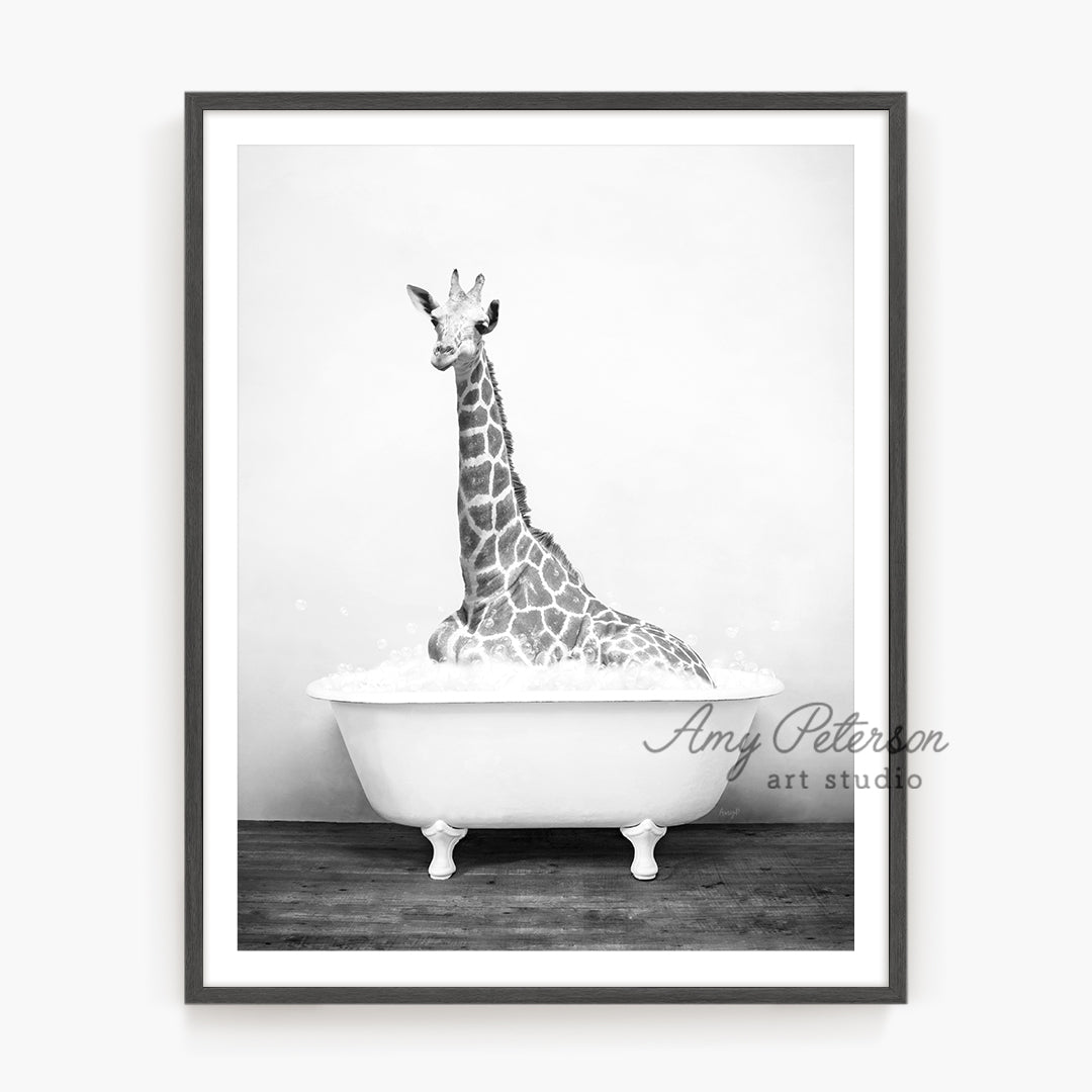 a black and white photo of a giraffe in a bathtub