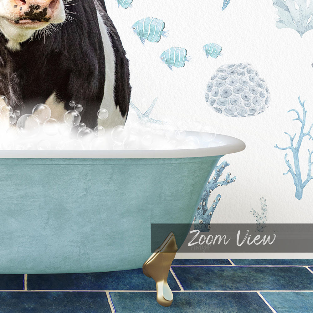 A black and white cow is standing in a blue bathtub filled with bubbles, with a coral and fish mural in the background.