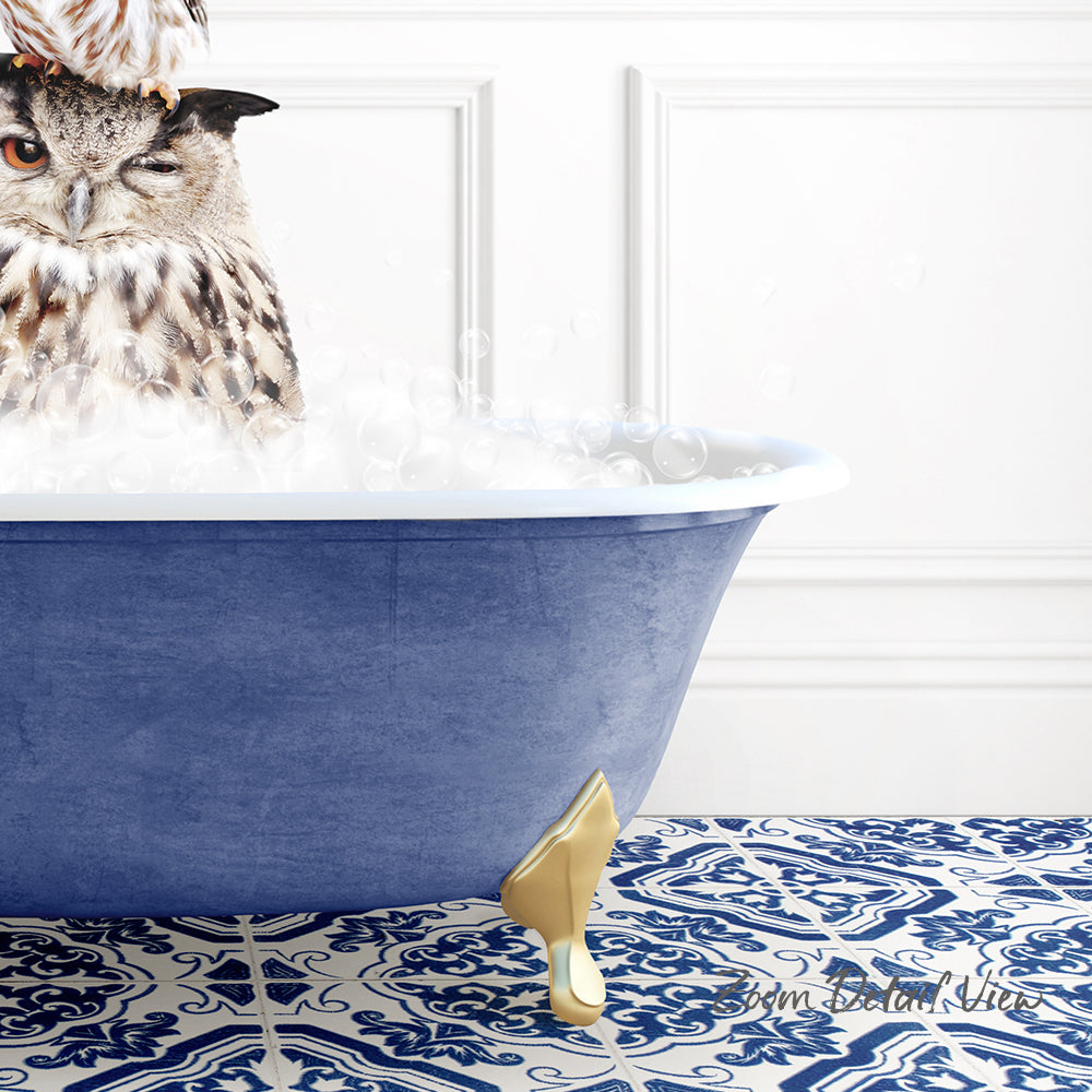 A large owl perched on the edge of a blue bathtub filled with water, with a patterned tile floor in the foreground.