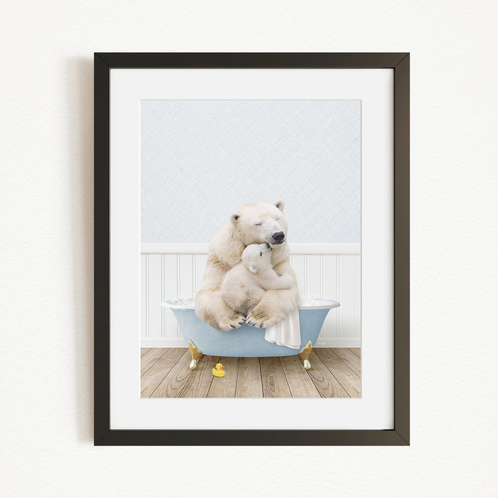 A polar bear is sitting in a bathtub, with a stuffed animal or toy resting on its lap.