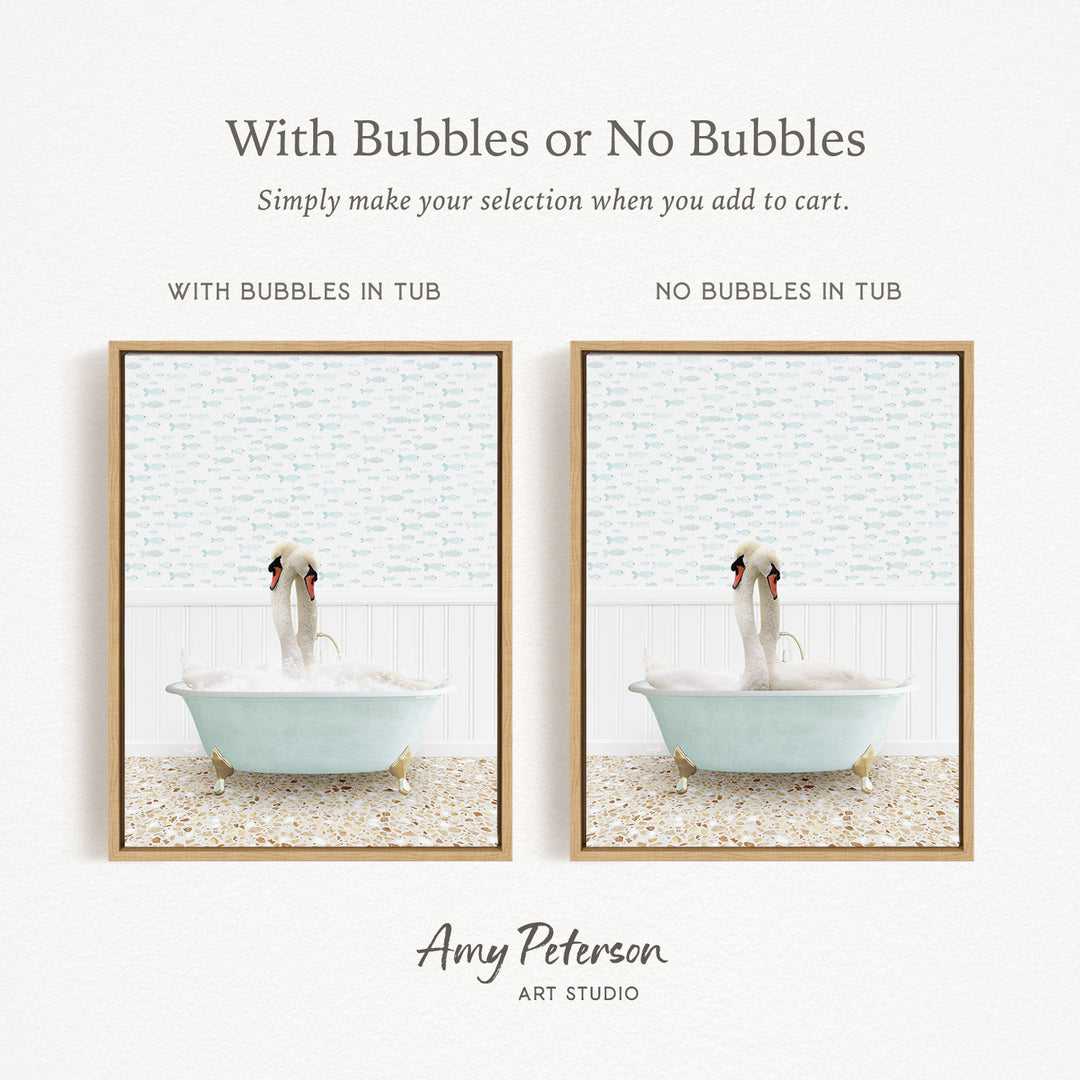 The image is a collage of two framed pictures, each depicting a swan in a bathtub. The swan in the first picture has bubbles, while the swan in the second picture does not have bubbles. The text above the images reads "With Bubbles or No Bubbles Simply make your selection when you add to cart."