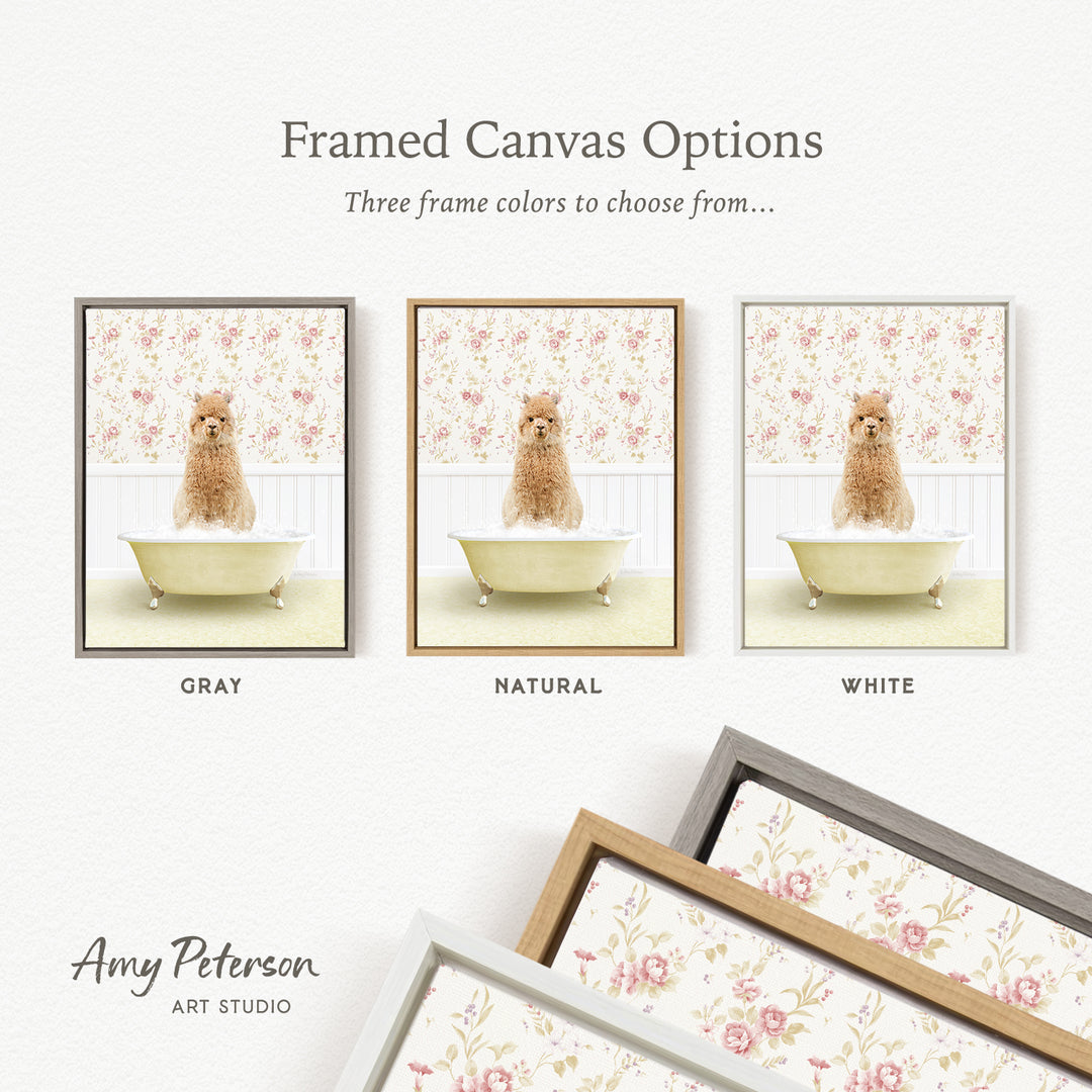 The image is a framed canvas option showcasing three different framed canvas options for a photograph of a dog sitting in a bathtub.