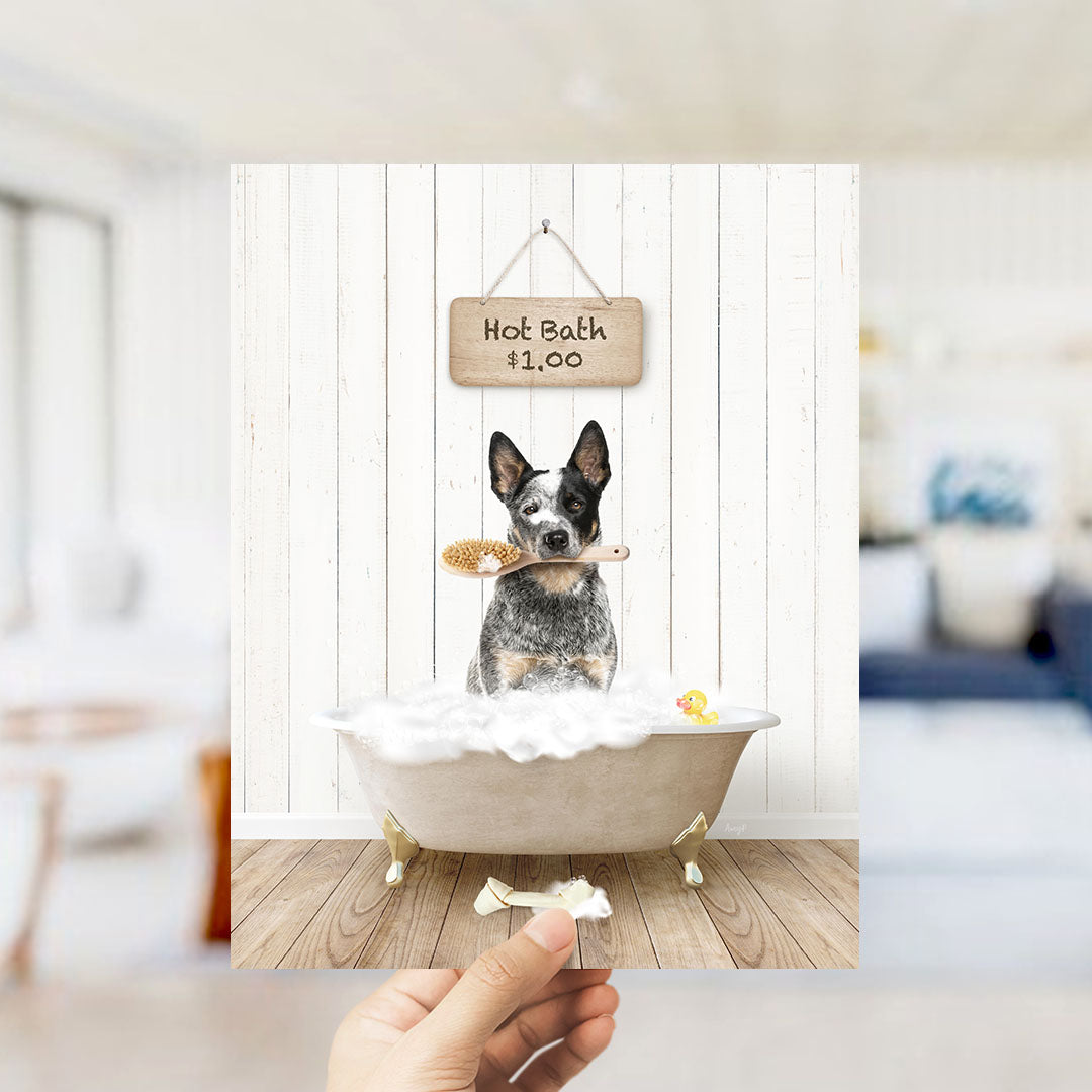 A black and white dog sitting in a bathtub, holding a brush, with a sign above indicating a hot bath for $1.00.