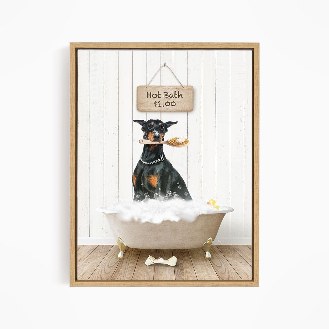 A black and brown dog is sitting in a white bathtub filled with bubbles, with a sign above the tub that reads "Hot Bath $1.00".