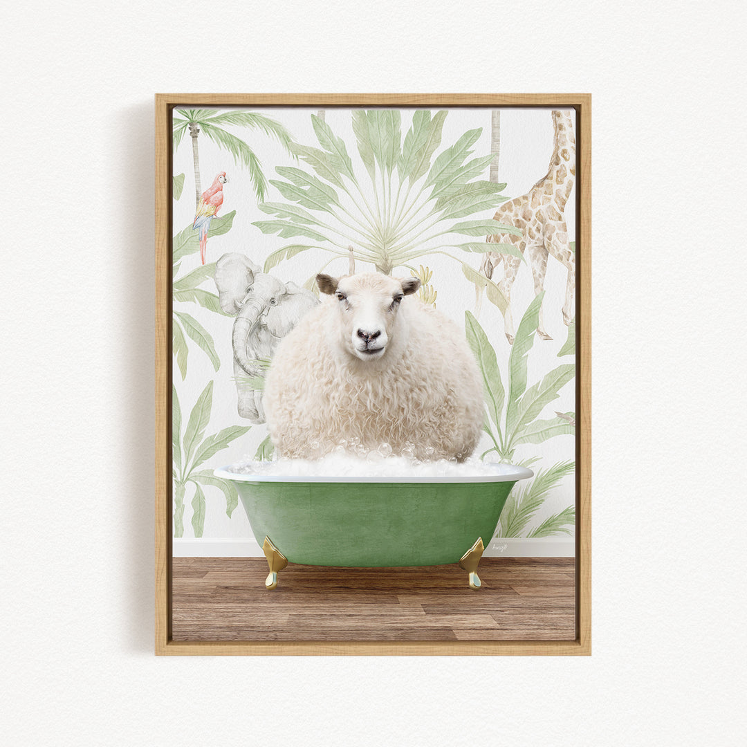 A sheep is sitting in a green bathtub, surrounded by a tropical wallpaper with various animals, including a giraffe and a parrot.