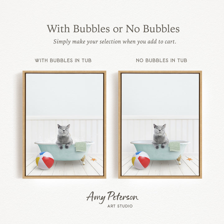The image is a collage of two pictures, each featuring a cat sitting in a bathtub with or without bubbles. The cat is sitting on a beach ball, and there are beach balls and a towel in the bathtub. The text above the images reads "With Bubbles or No Bubbles Simply make your selection when you add to cart."