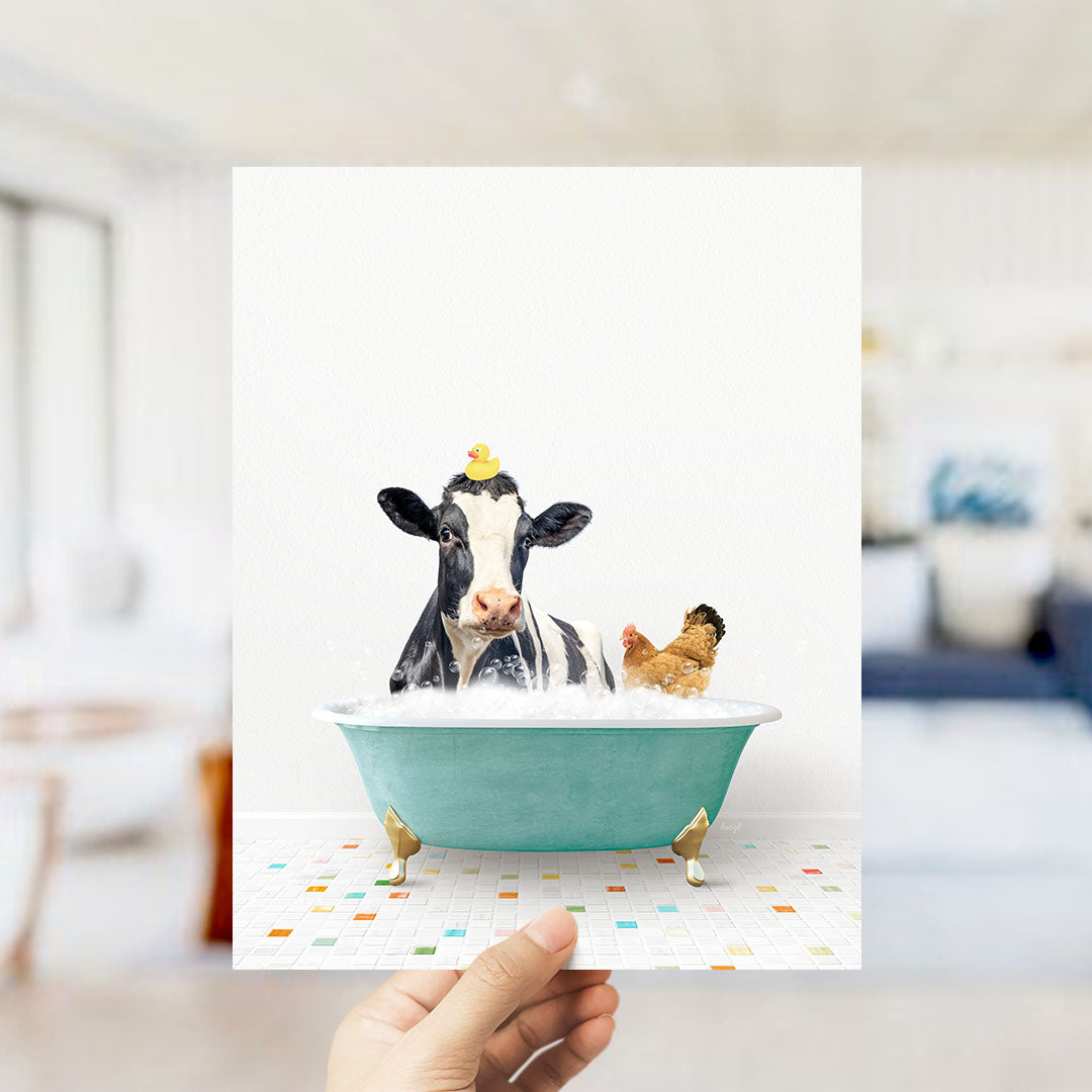 A cow and a chicken are sitting in a green bathtub filled with water, with a yellow rubber duck floating on the surface.