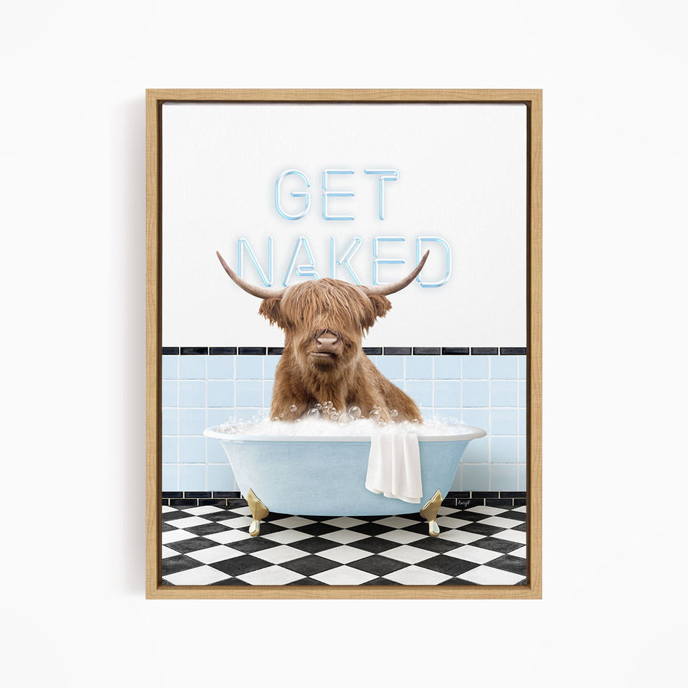 A brown cow with horns is sitting in a bathtub filled with bubbles, with the words "GET NAKED" written above it.