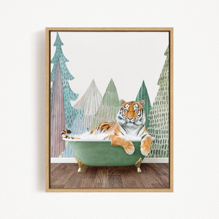 A tiger is sitting in a green bathtub, surrounded by a forest scene with trees and mountains in the background.