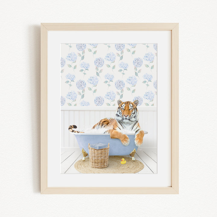 A tiger is sitting in a blue bathtub filled with water, surrounded by a floral patterned wall and a basket of rubber ducks.