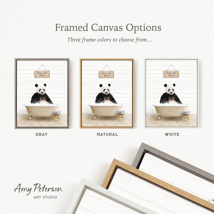 three framed canvas options, each featuring a panda bear sitting in a bathtub. The options include a gray frame, a natural frame, and a white frame.
