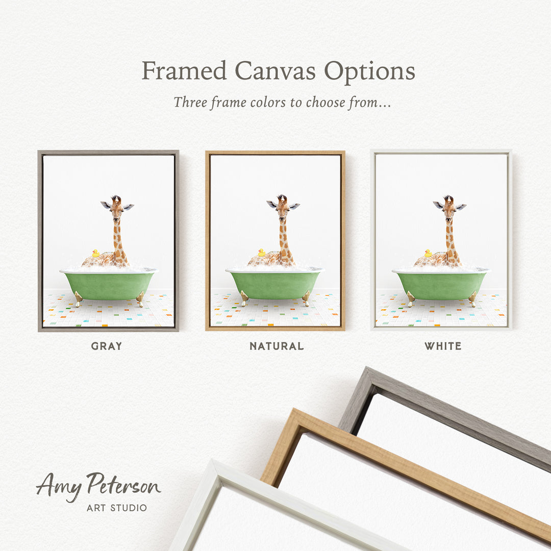 three framed canvas options, each featuring a giraffe in a bathtub. The options include a gray frame, a natural frame, and a white frame. The text above the images reads " Framed Canvas Options" and "Three frame colors to choose from...".