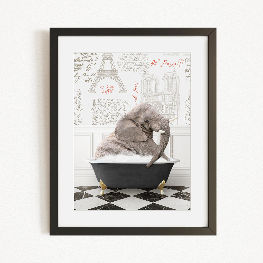 A gray elephant is sitting in a black bathtub, surrounded by a checkered floor and a wall with the Eiffel Tower and other Parisian landmarks.