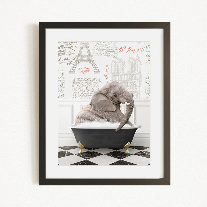 A gray elephant is sitting in a black bathtub, surrounded by a checkered floor and a wall with the Eiffel Tower and other Parisian landmarks.