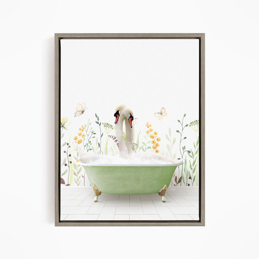 A swan is sitting in a green bathtub filled with bubbles, surrounded by flowers and butterflies in a whimsical garden setting.