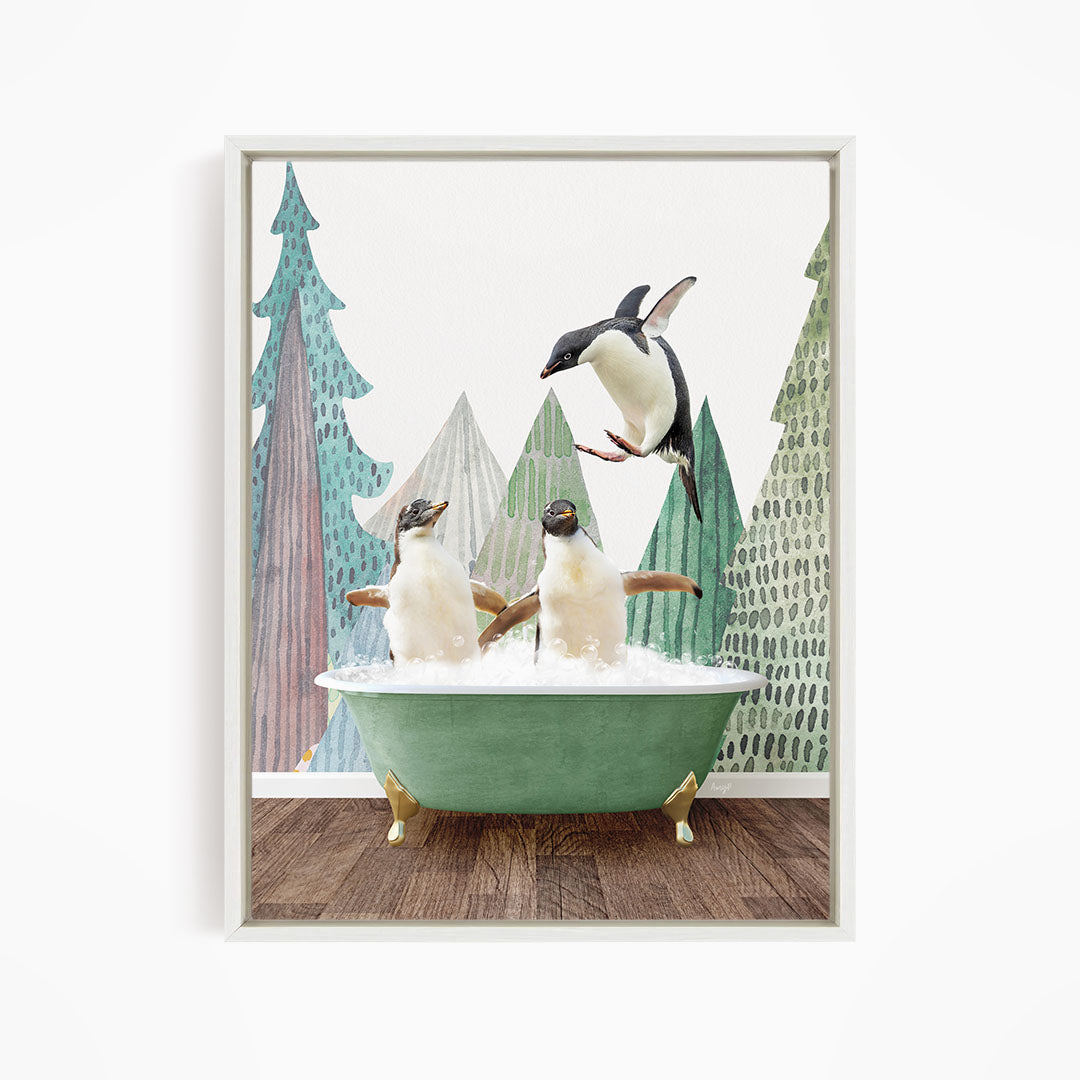 A framed image depicting two penguins sitting in a green bathtub, with one penguin flying towards the other in mid-air.