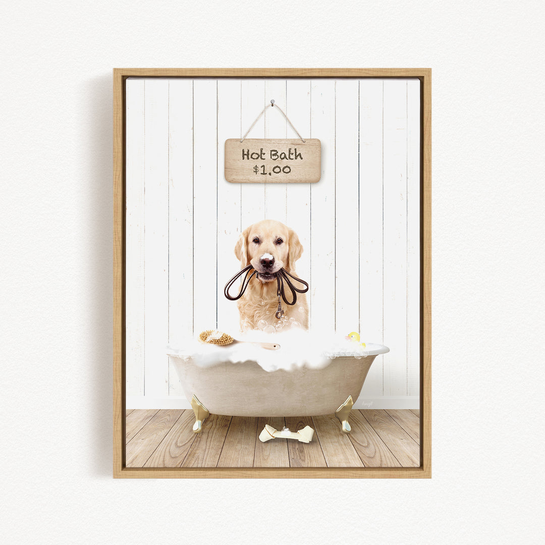 A golden retriever dog sitting in a white bathtub, with a sign above the tub that reads "Hot Bath $1.00".