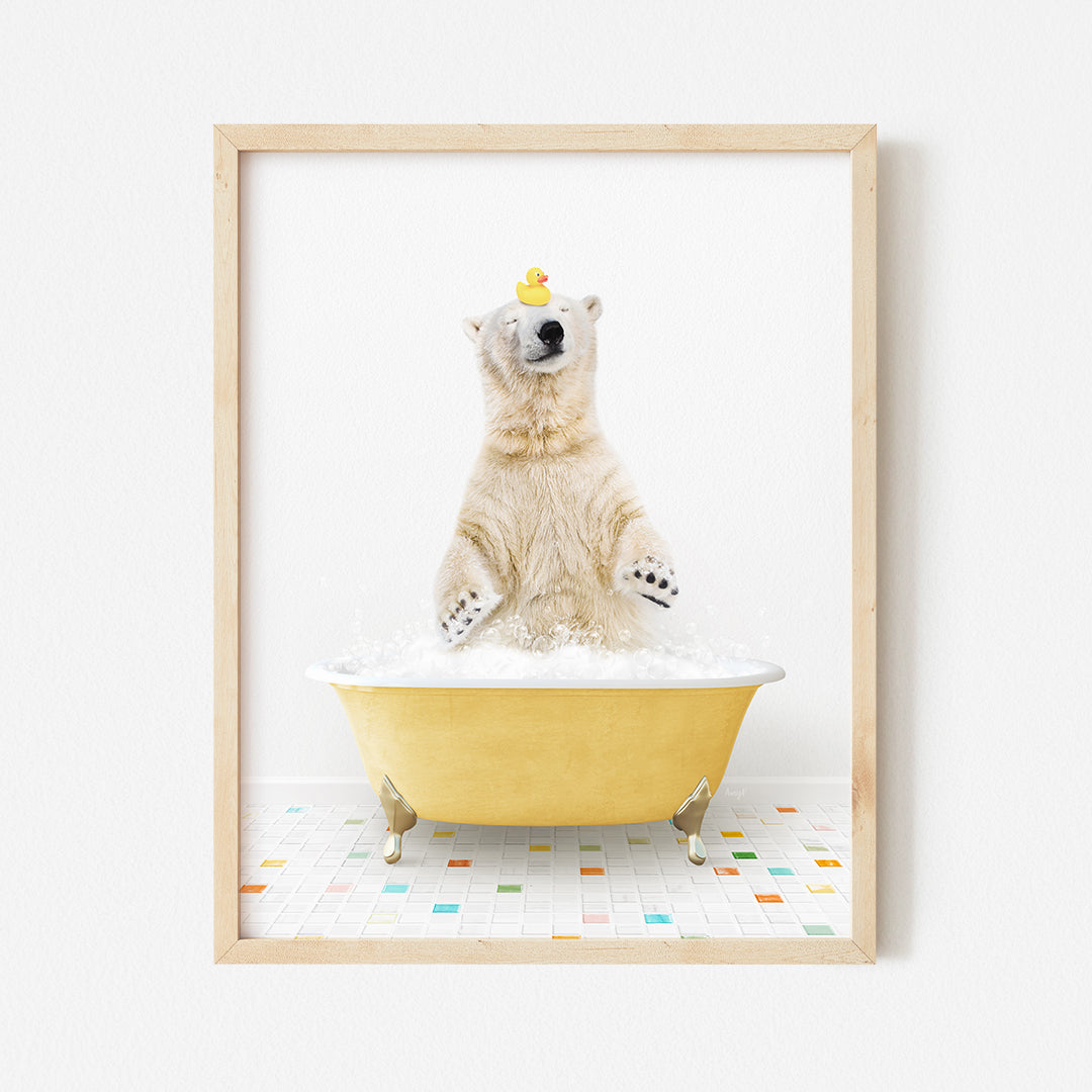 a polar bear in a bathtub with a crown on its head