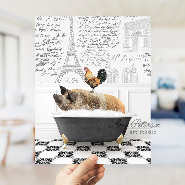 a person holding up a card with a dog in a bathtub