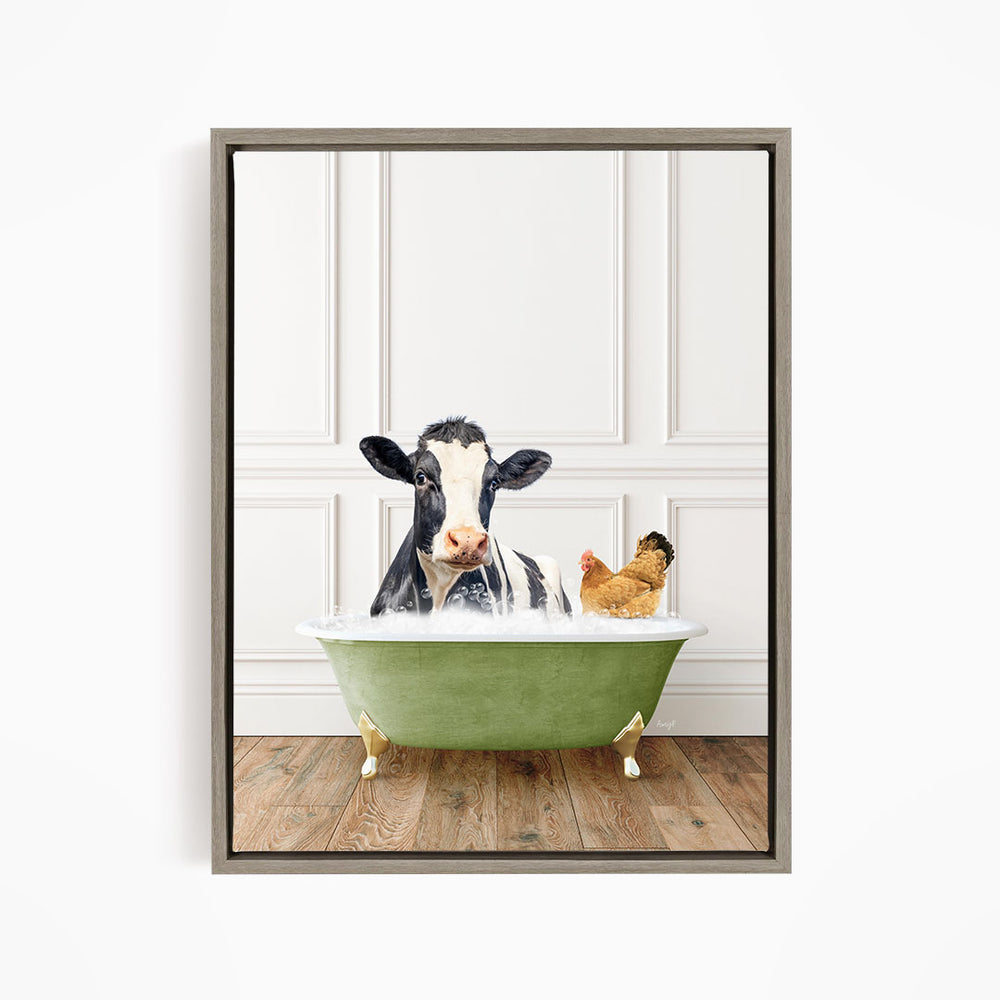 A black and white cow is sitting in a green bathtub, with a chicken standing nearby, in a white-walled room.