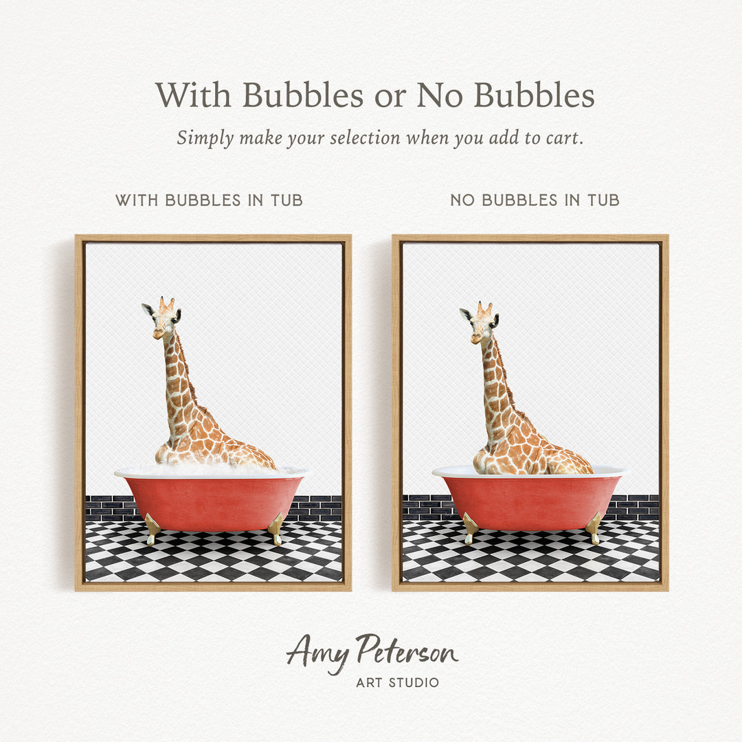 The image is a collage of two framed pictures, each depicting a giraffe sitting in a bathtub. The text above the images reads "With Bubbles or No Bubbles" and below the images, it says "Simply make your selection when you add to cart."