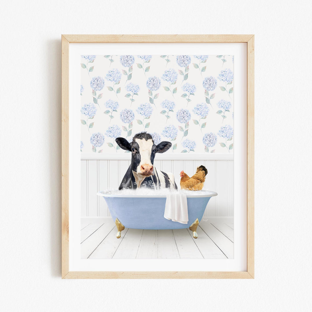 A black and white cow is sitting in a blue bathtub, surrounded by a chicken and a dog, with a floral patterned wall behind them.