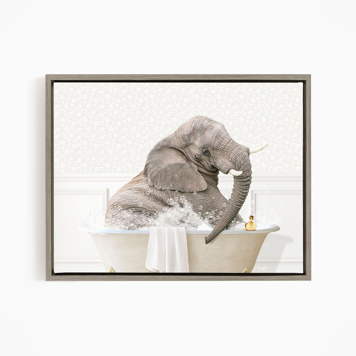 A gray elephant is sitting in a bathtub filled with water, with a small yellow duck nearby.