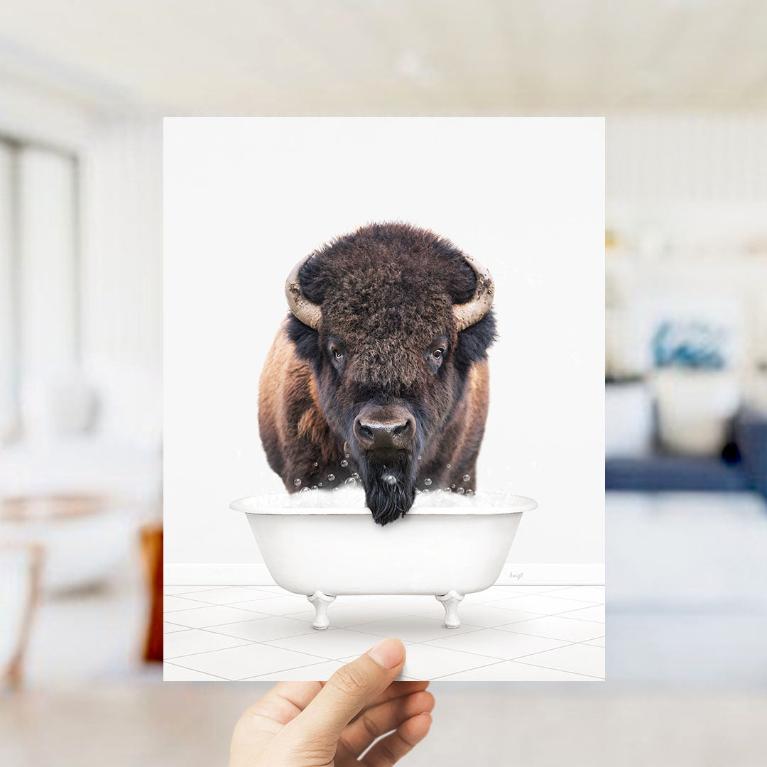 A hand holds up a framed image of a bison with a long beard, sitting in a white bathtub.