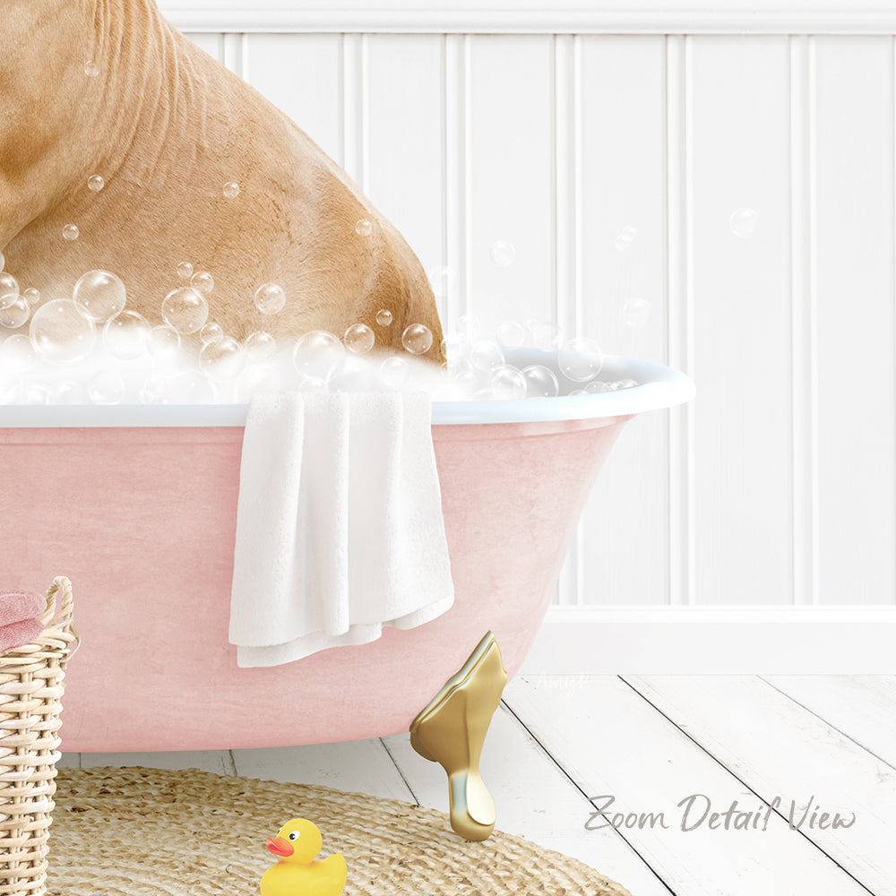 A pink bathtub filled with bubbles, with a dog sitting in it and a yellow rubber duck nearby.