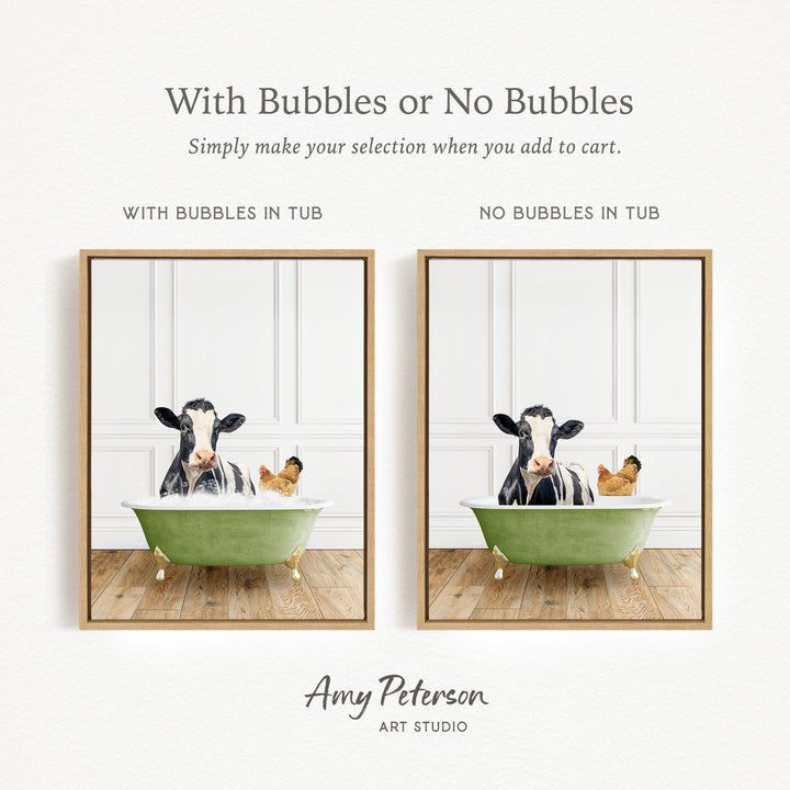The image is a collage of two pictures, each featuring a cow sitting in a bathtub. The cow in the bathtub has bubbles, while the other cow does not have bubbles. The collage is titled "With Bubbles or No Bubbles" and is created by Amy Peterson from Art Studio.