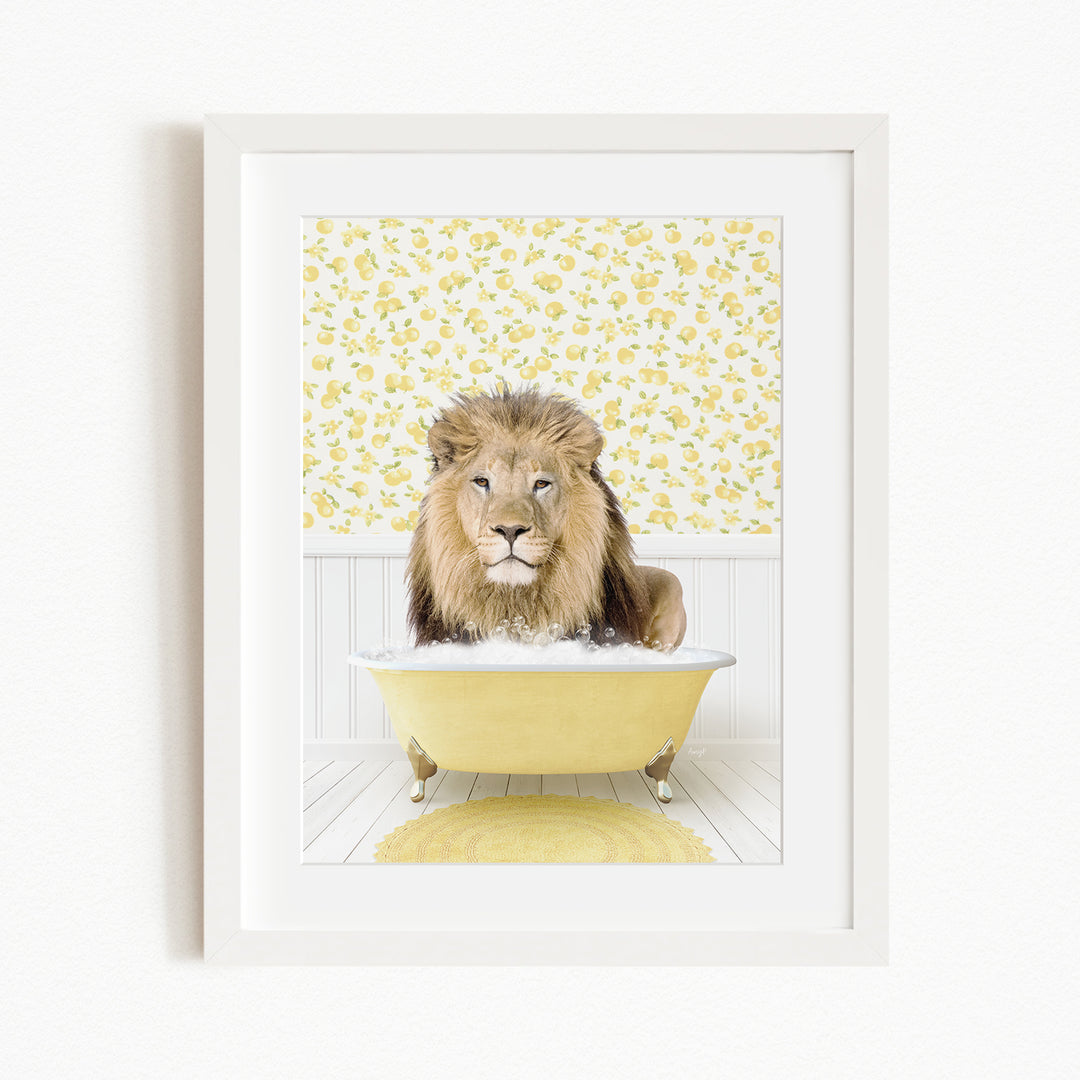 A lion sitting in a yellow bathtub, surrounded by a yellow floral pattern on the wall behind it.