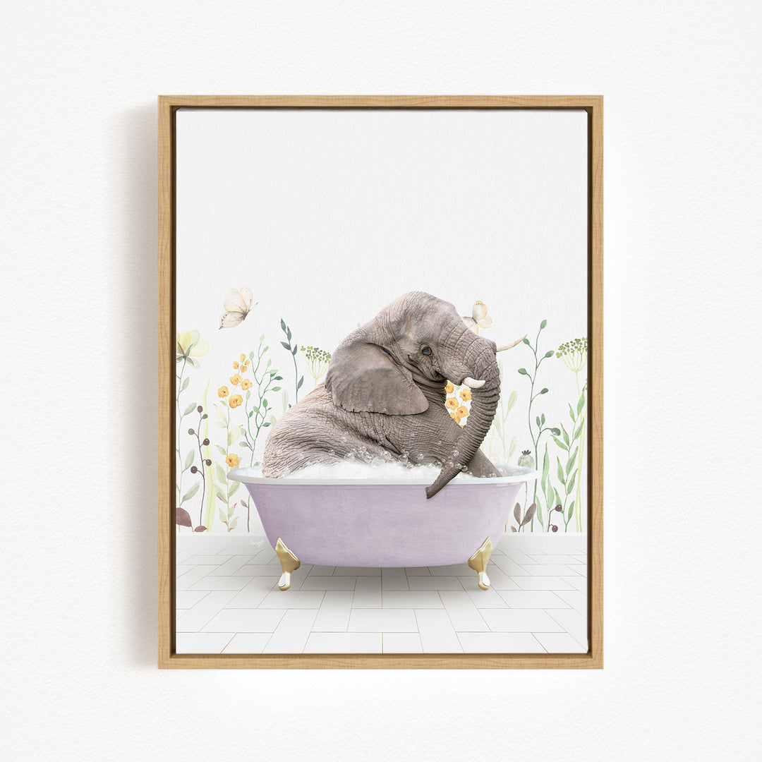 A gray elephant is sitting in a purple bathtub filled with water, surrounded by flowers and butterflies.
