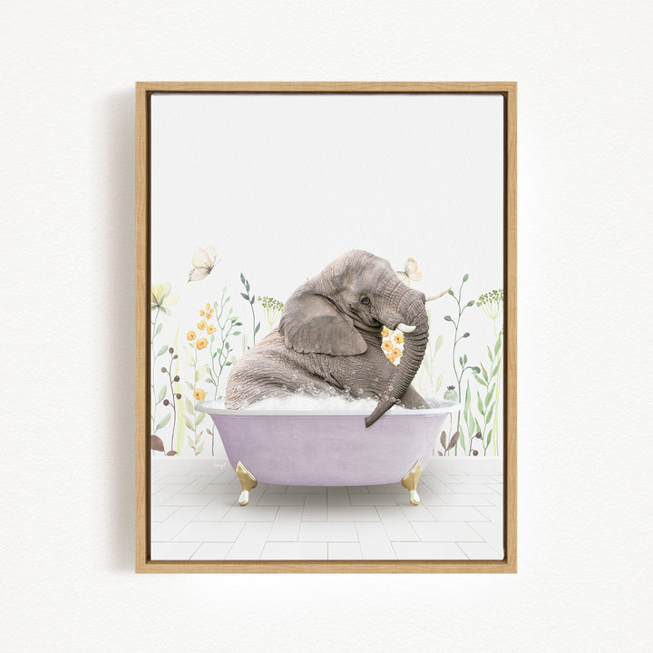 A gray elephant is sitting in a purple bathtub filled with water, surrounded by flowers and butterflies.