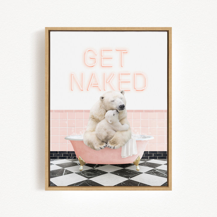 A polar bear sitting in a pink bathtub with the text "GET NAKED" written above it.
