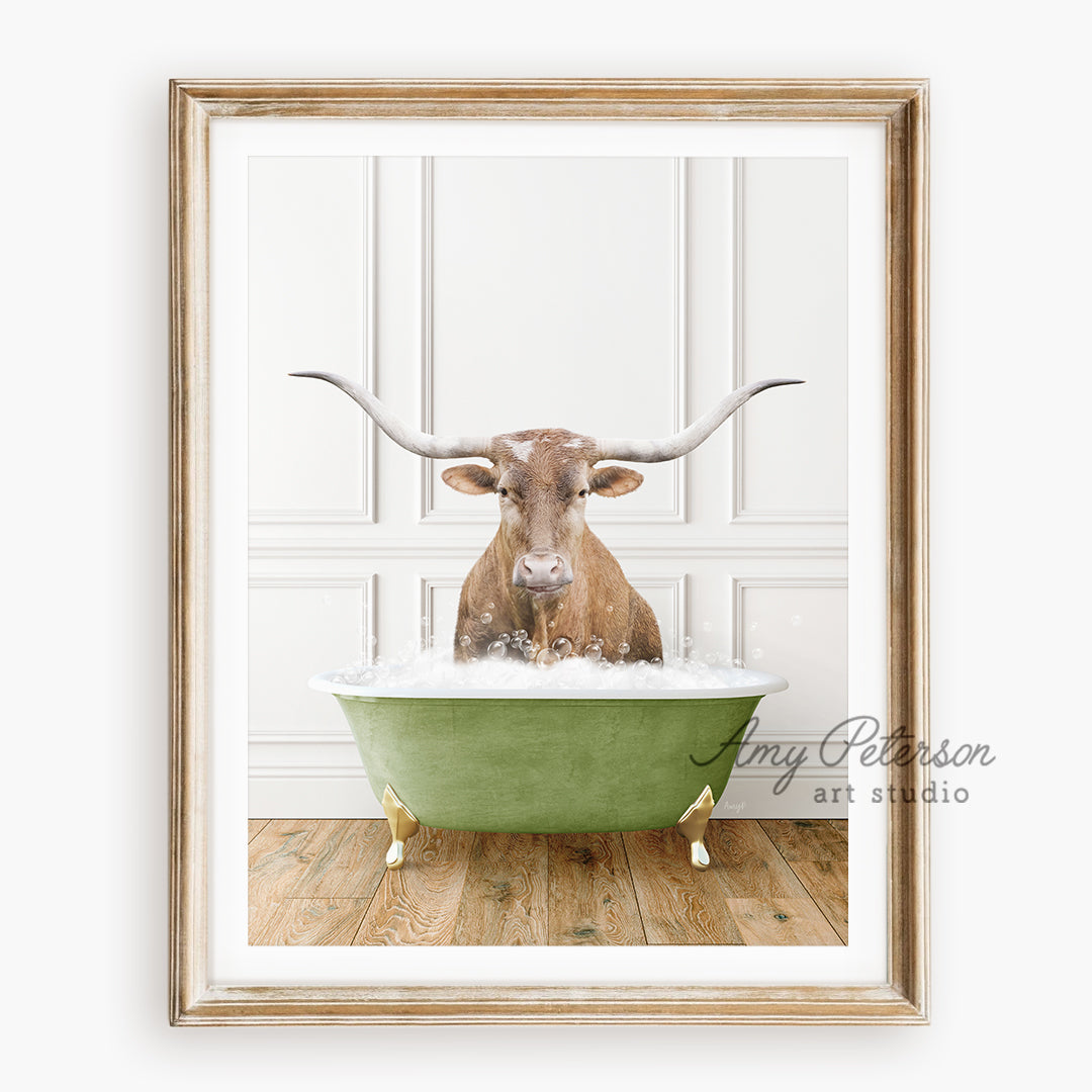 a picture of a bull with long horns sitting in a bathtub