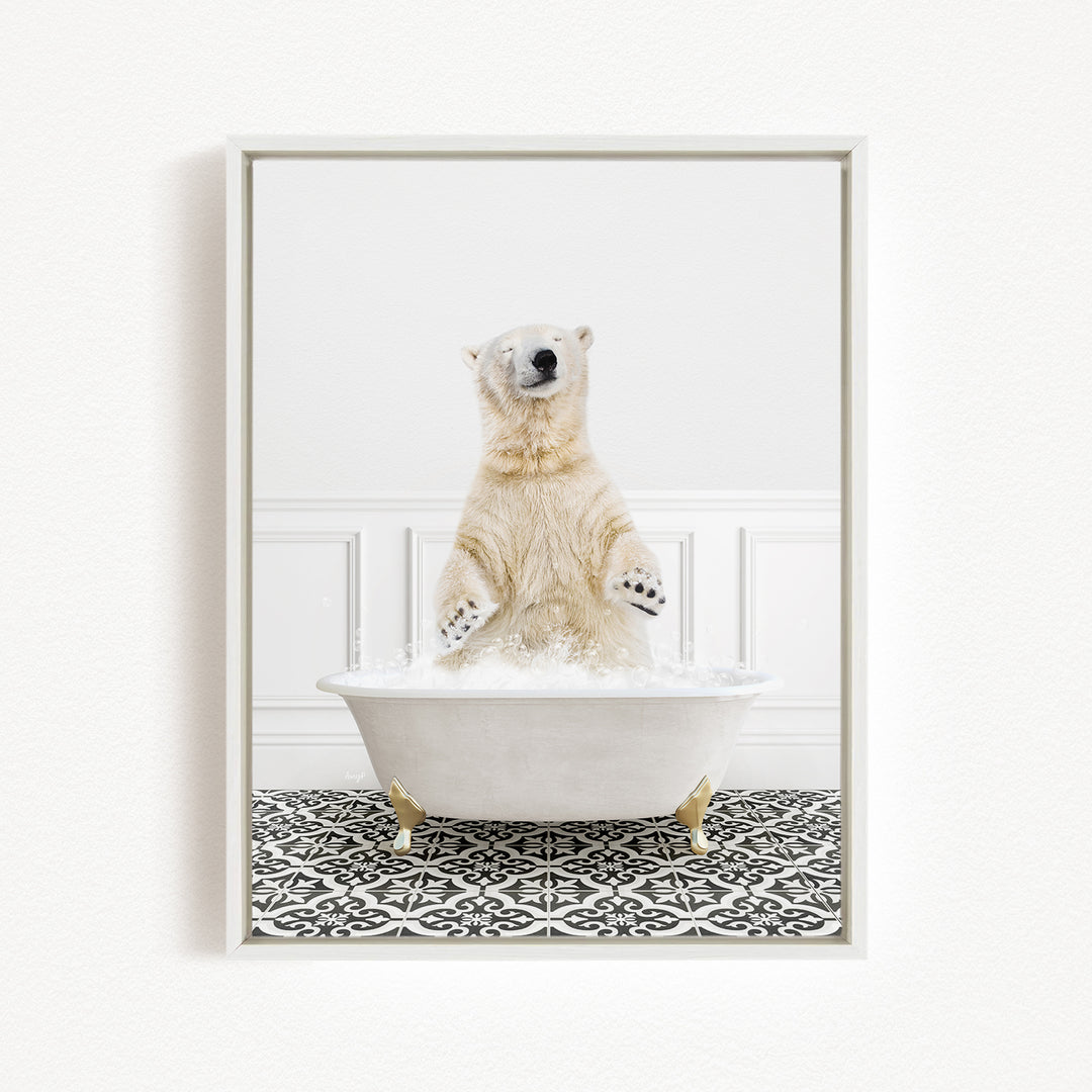 A polar bear standing in a white bathtub filled with water, with its paws raised in the air.