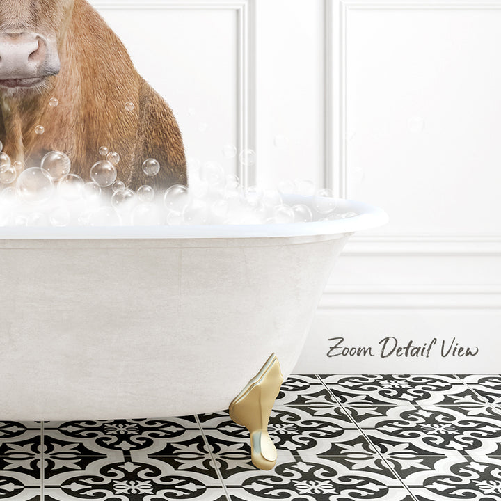 A brown dog is sitting in a white bathtub filled with bubbles, with a black and white patterned floor in the background.
