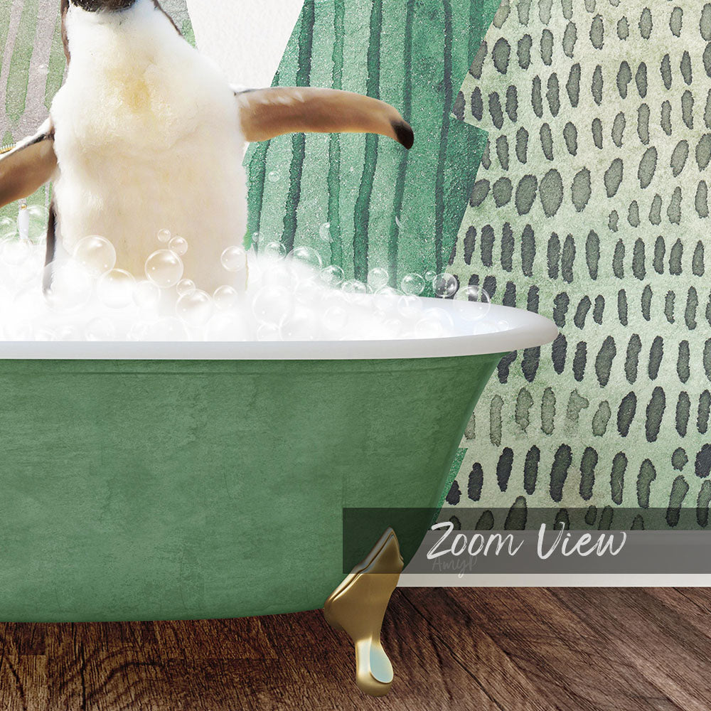 A penguin standing in a green bathtub filled with bubbles, with a patterned wall in the background.