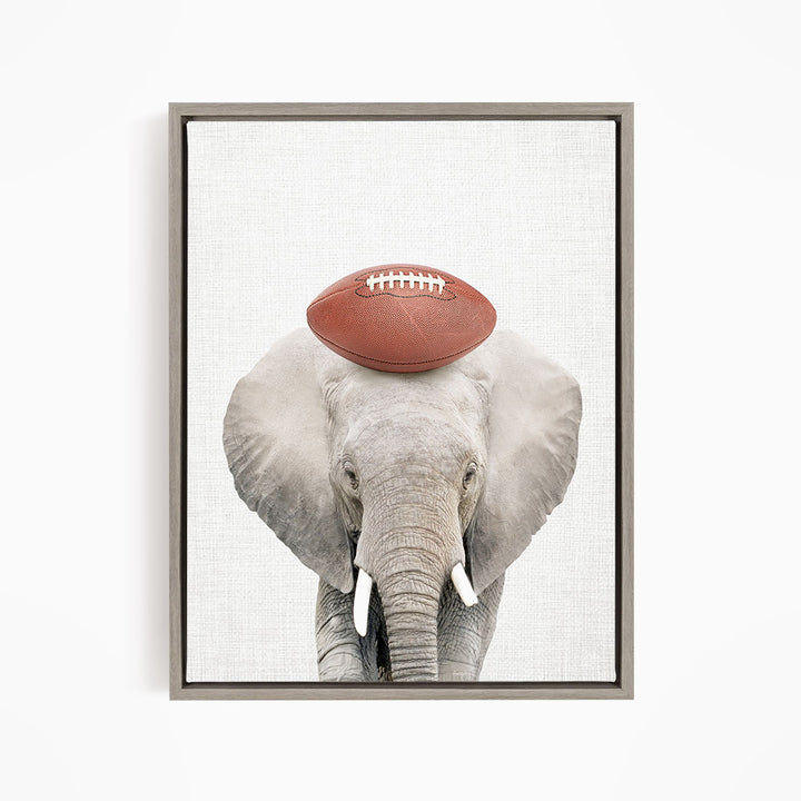 A gray elephant holding a red football on its head.