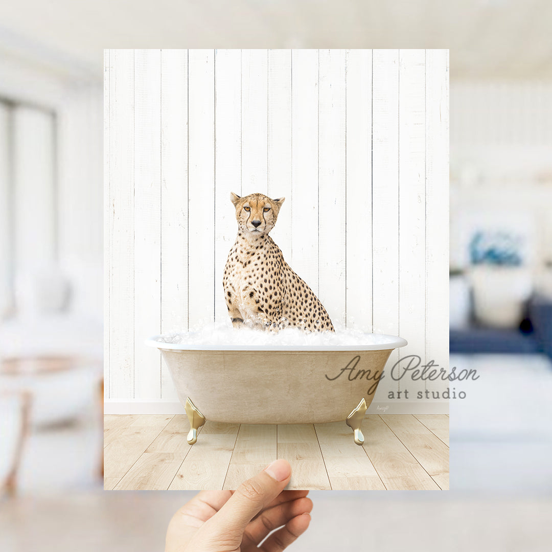 a hand holding a photo of a cheetah in a bathtub