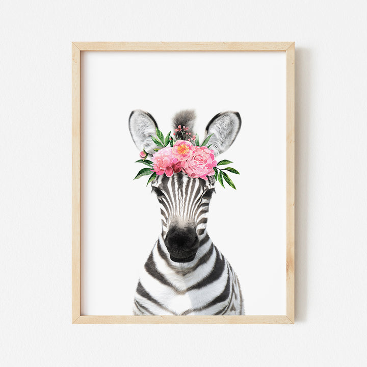 a zebra with a flower crown on its head