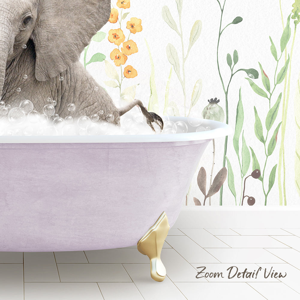 A large gray elephant is sitting in a pink bathtub filled with bubbles, surrounded by a floral wallpaper.