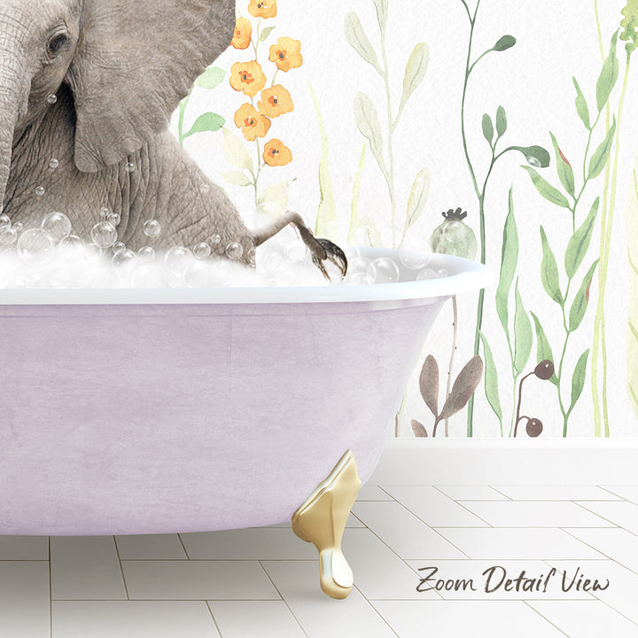 A large gray elephant is sitting in a pink bathtub filled with bubbles, surrounded by a floral wallpaper.